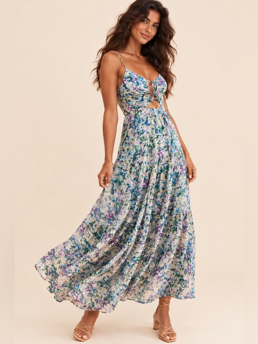 ASTR The Label Floral Print Brandy Cut-Out Maxi Dress, Blue, Size Small
